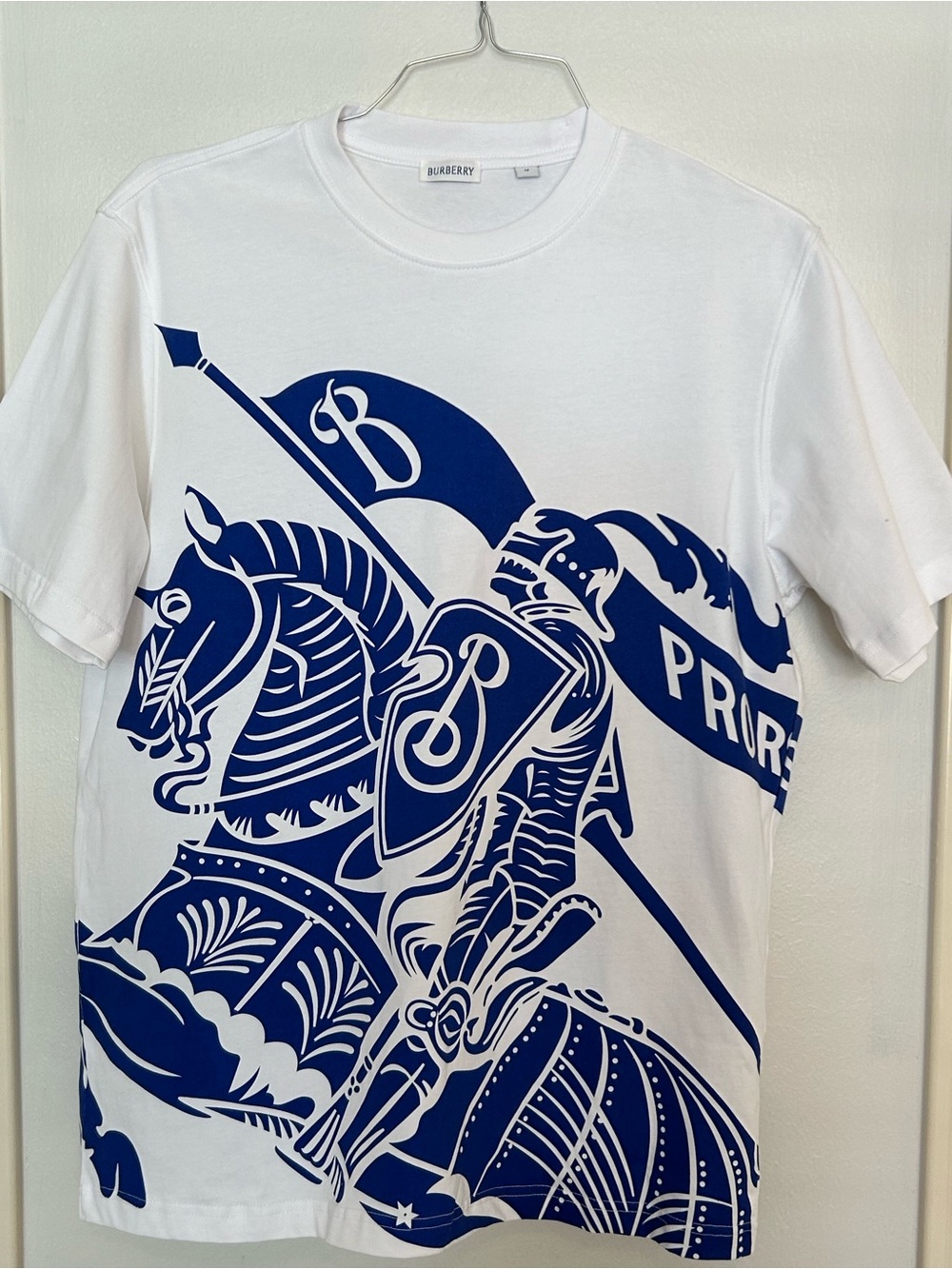 Burberry White T-Shirt with Navy Knight Graphic